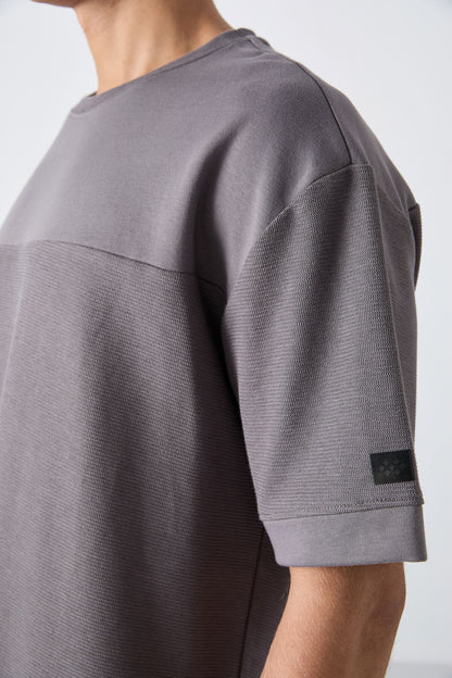 Dark Grey Cotton Thick Textured Surface Oversize Fit Basic Men's T-Shirt - 88340