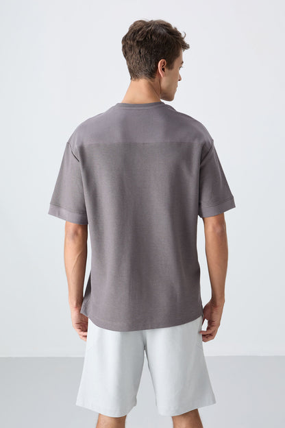 Dark Grey Cotton Thick Textured Surface Oversize Fit Basic Men's T-Shirt - 88340