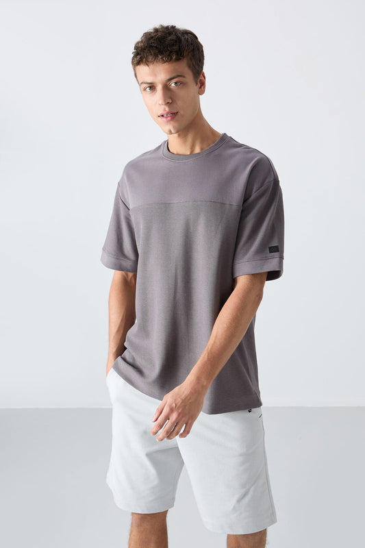 Dark Grey Cotton Thick Textured Surface Oversize Fit Basic Men's T-Shirt - 88340