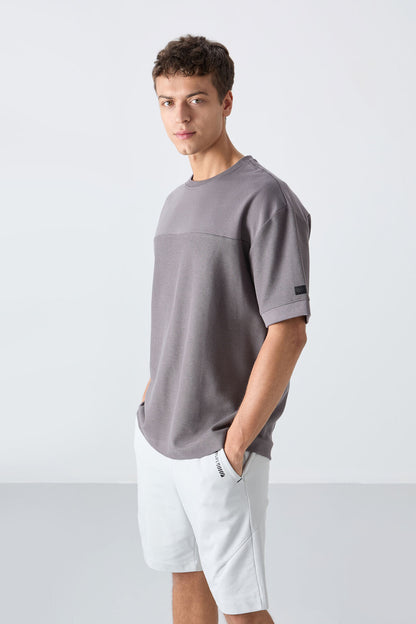 Dark Grey Cotton Thick Textured Surface Oversize Fit Basic Men's T-Shirt - 88340
