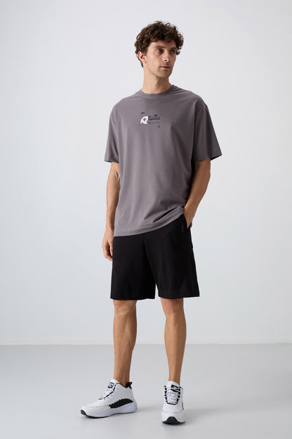 Dark Grey Cotton Thick Soft Textured Oversize Fit Printed Men's T-Shirt - 88350