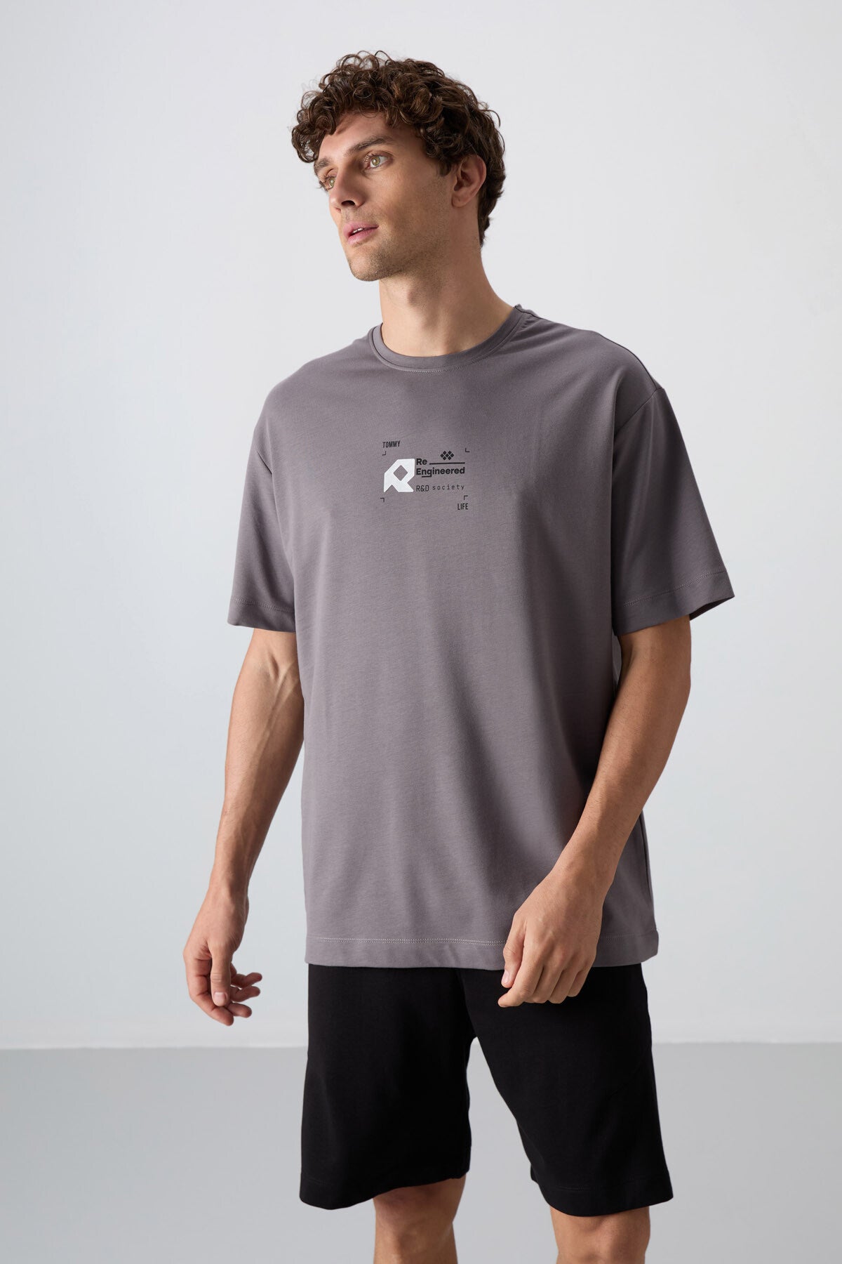 Dark Grey Cotton Thick Soft Textured Oversize Fit Printed Men's T-Shirt - 88350