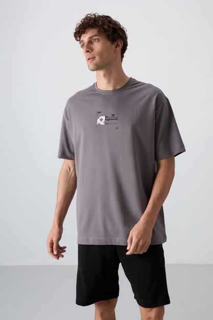 Dark Grey Cotton Thick Soft Textured Oversize Fit Printed Men's T-Shirt - 88350