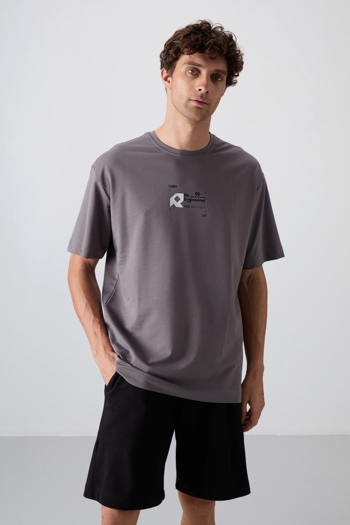 Dark Grey Cotton Thick Soft Textured Oversize Fit Printed Men's T-Shirt - 88350