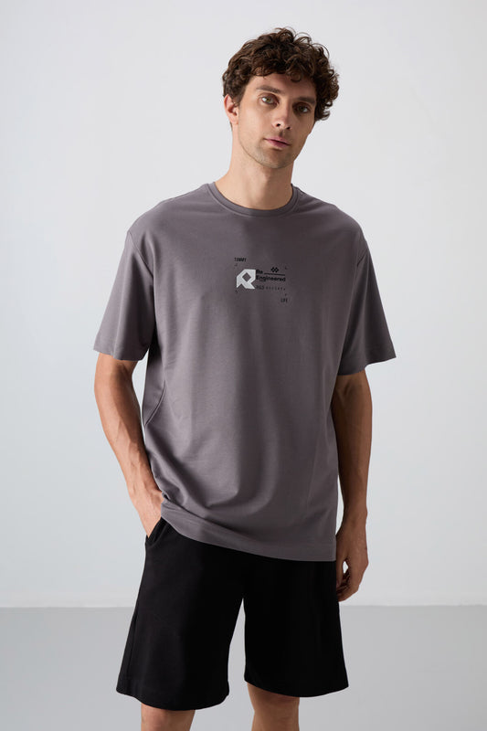 Dark Grey Cotton Thick Soft Textured Oversize Fit Printed Men's T-Shirt - 88350