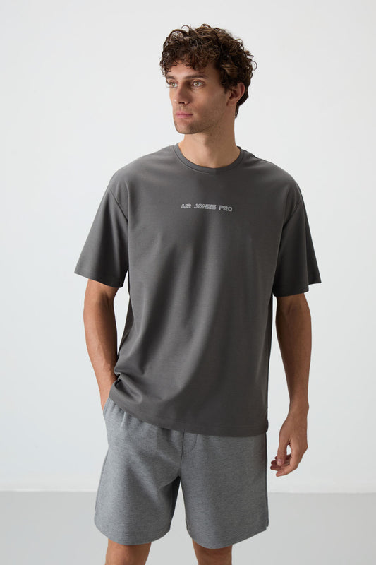 Dark Gray Cotton Thick Textured Surface Oversize Fit Printed Men's T-Shirt - 88364