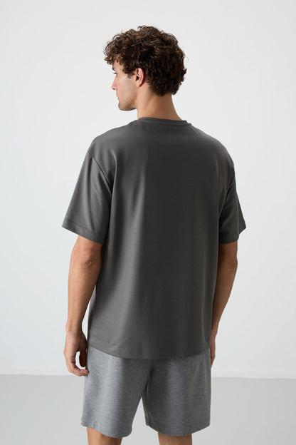 Dark Gray Cotton Thick Textured Surface Oversize Fit Printed Men's T-Shirt - 88364