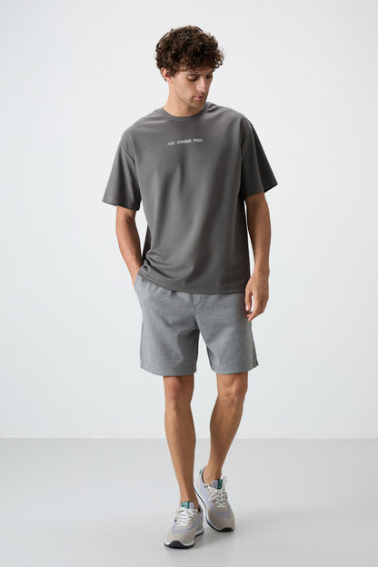 Dark Gray Cotton Thick Textured Surface Oversize Fit Printed Men's T-Shirt - 88364