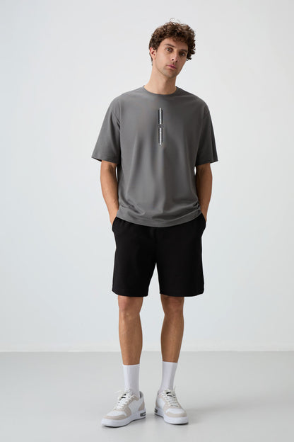 Dark Grey Cotton Thick Textured Surface Oversize Fit Printed Men's T-Shirt - 88366