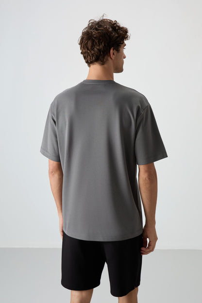 Dark Grey Cotton Thick Textured Surface Oversize Fit Printed Men's T-Shirt - 88366