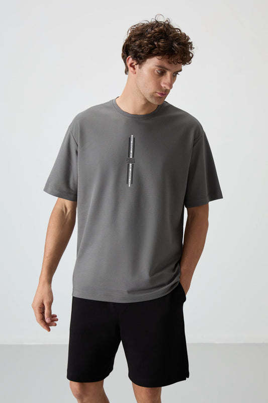 Dark Grey Cotton Thick Textured Surface Oversize Fit Printed Men's T-Shirt - 88366