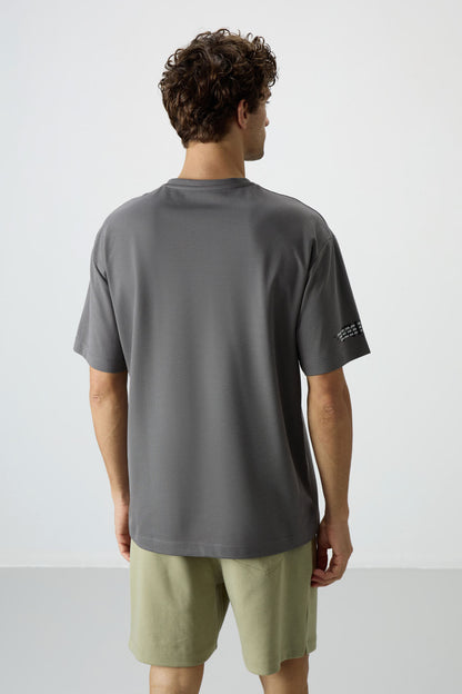 Dark Grey Cotton Thick Textured Surface Oversize Fit Printed Men's T-Shirt - 88369