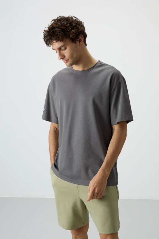 Dark Grey Cotton Thick Textured Surface Oversize Fit Printed Men's T-Shirt - 88369