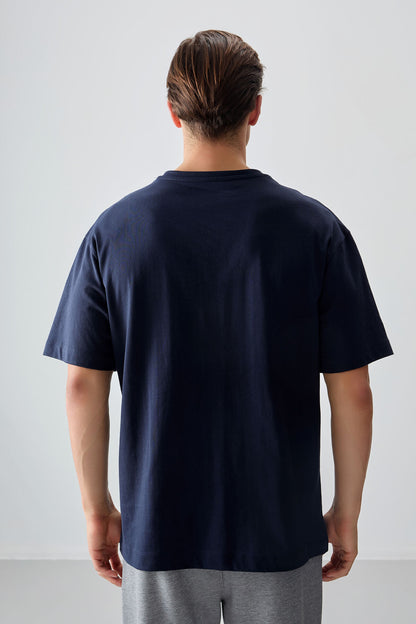 Navy Blue 100% Cotton Thick Soft Textured Oversize Fit Printed Men's T-Shirt - 88359