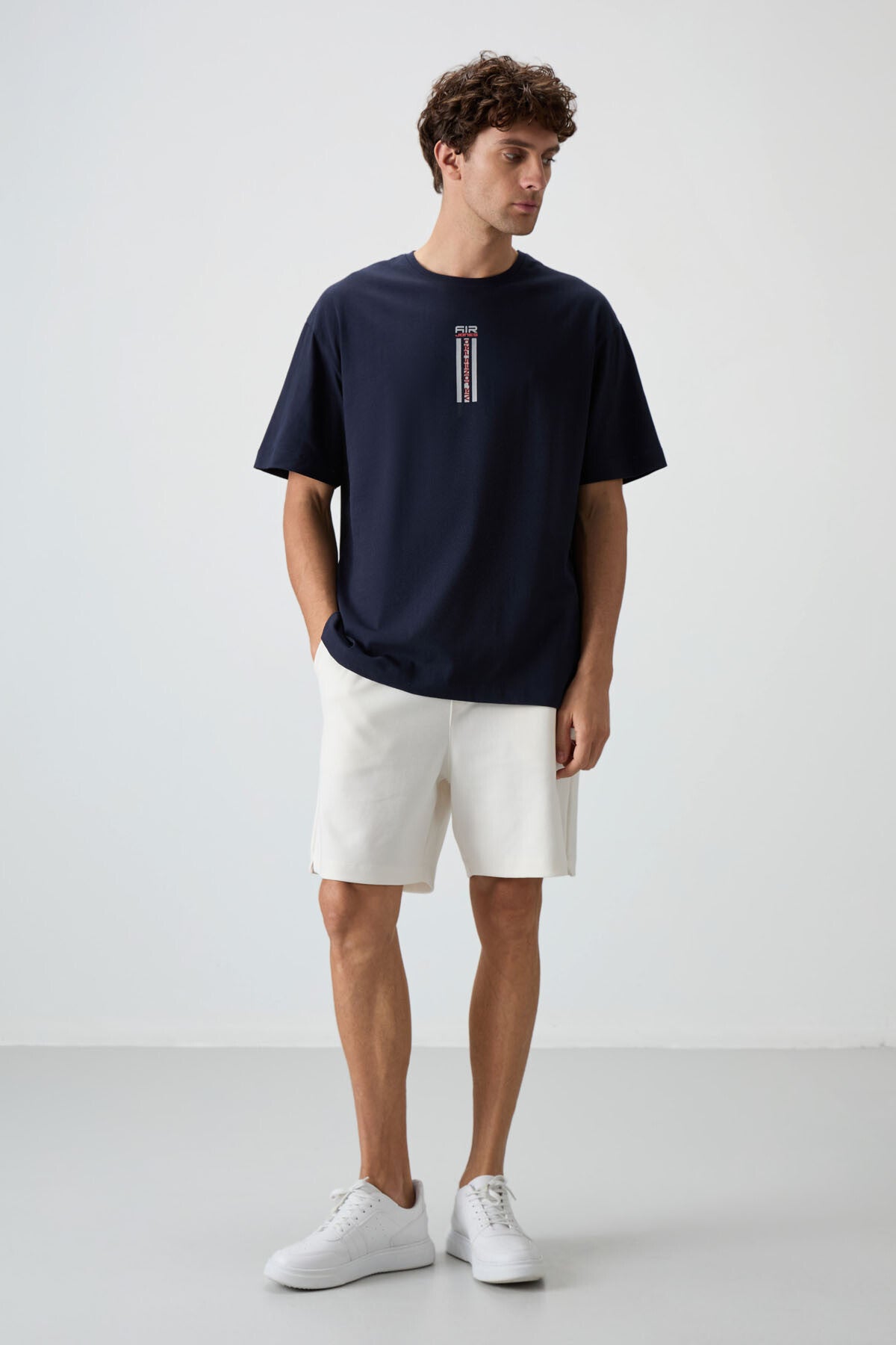 Navy Blue 100% Cotton Thick Soft Textured Oversize Fit Printed Men's T-Shirt - 88360