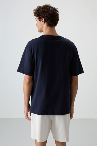 Navy Blue 100% Cotton Thick Soft Textured Oversize Fit Printed Men's T-Shirt - 88360