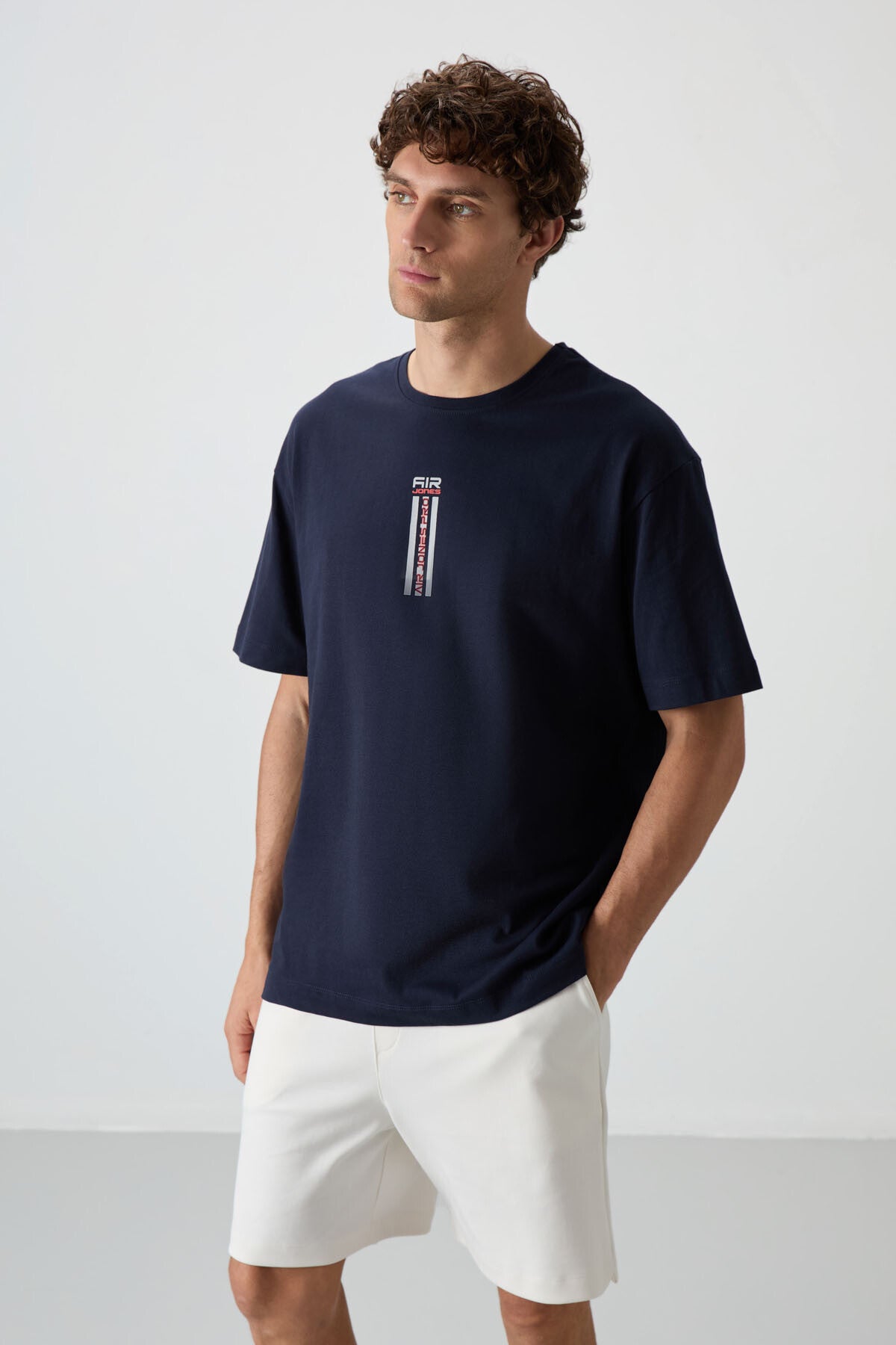 Navy Blue 100% Cotton Thick Soft Textured Oversize Fit Printed Men's T-Shirt - 88360