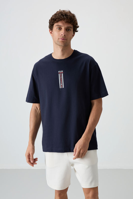 Navy Blue 100% Cotton Thick Soft Textured Oversize Fit Printed Men's T-Shirt - 88360