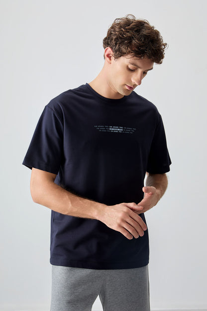 Navy Blue Cotton Thick Soft Textured Oversize Fit Printed Men's T-Shirt - 88374