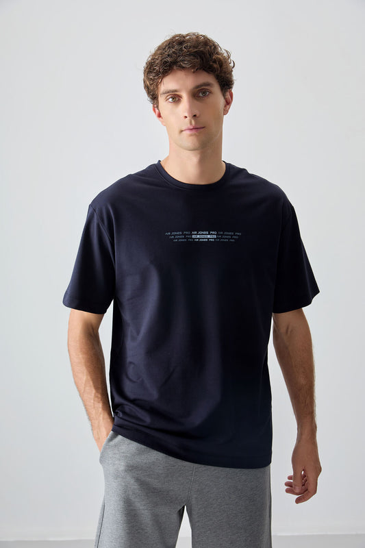Navy Blue Cotton Thick Soft Textured Oversize Fit Printed Men's T-Shirt - 88374