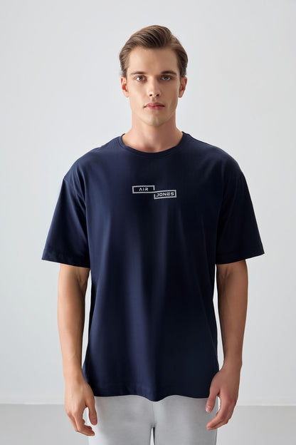 Navy Blue 100% Cotton Thick Soft Textured Oversize Fit Printed Men's T-Shirt - 88361