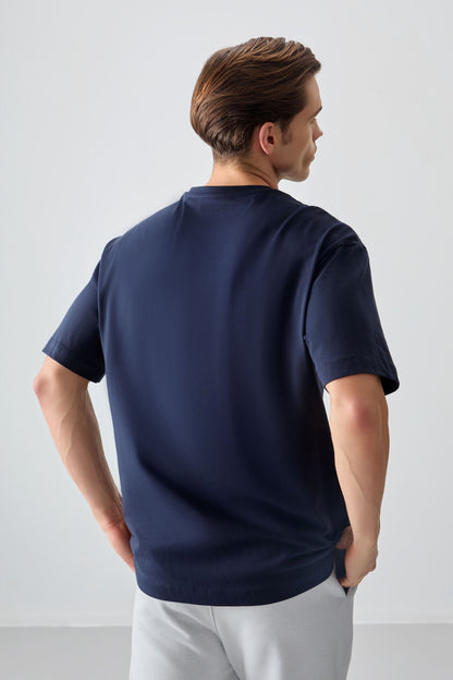 Navy Blue 100% Cotton Thick Soft Textured Oversize Fit Printed Men's T-Shirt - 88361