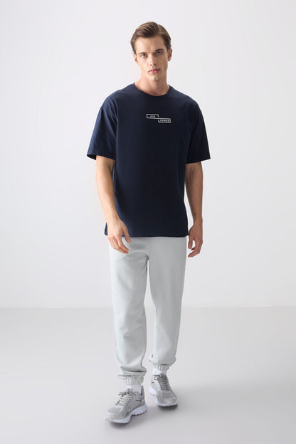 Navy Blue 100% Cotton Thick Soft Textured Oversize Fit Printed Men's T-Shirt - 88361