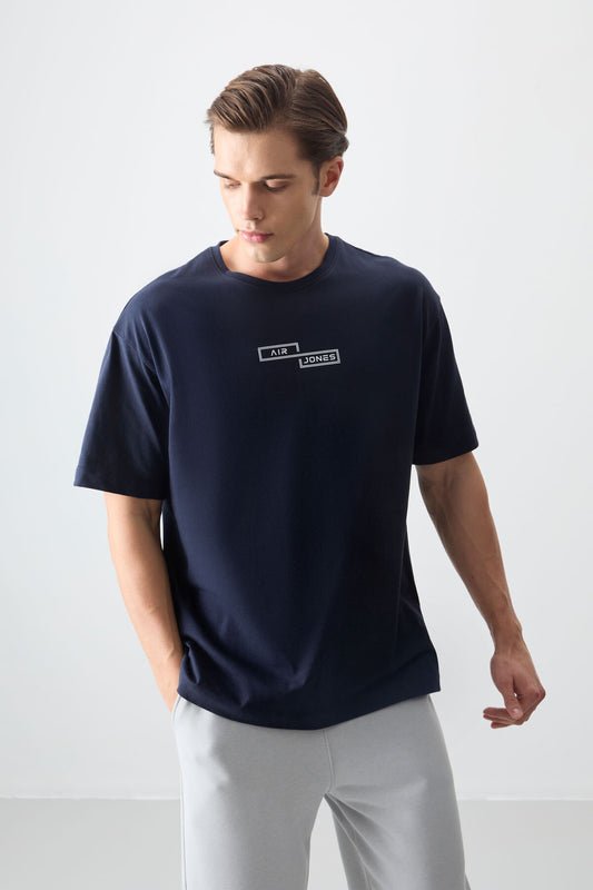 Navy Blue 100% Cotton Thick Soft Textured Oversize Fit Printed Men's T-Shirt - 88361