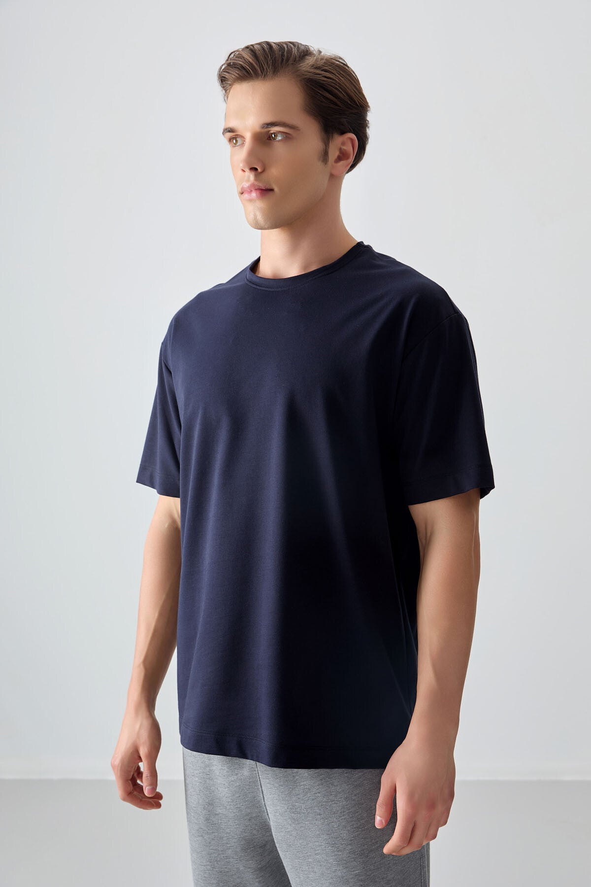 Navy Blue Cotton Thick Soft Textured Oversize Fit Basic Men's T-Shirt - 88377
