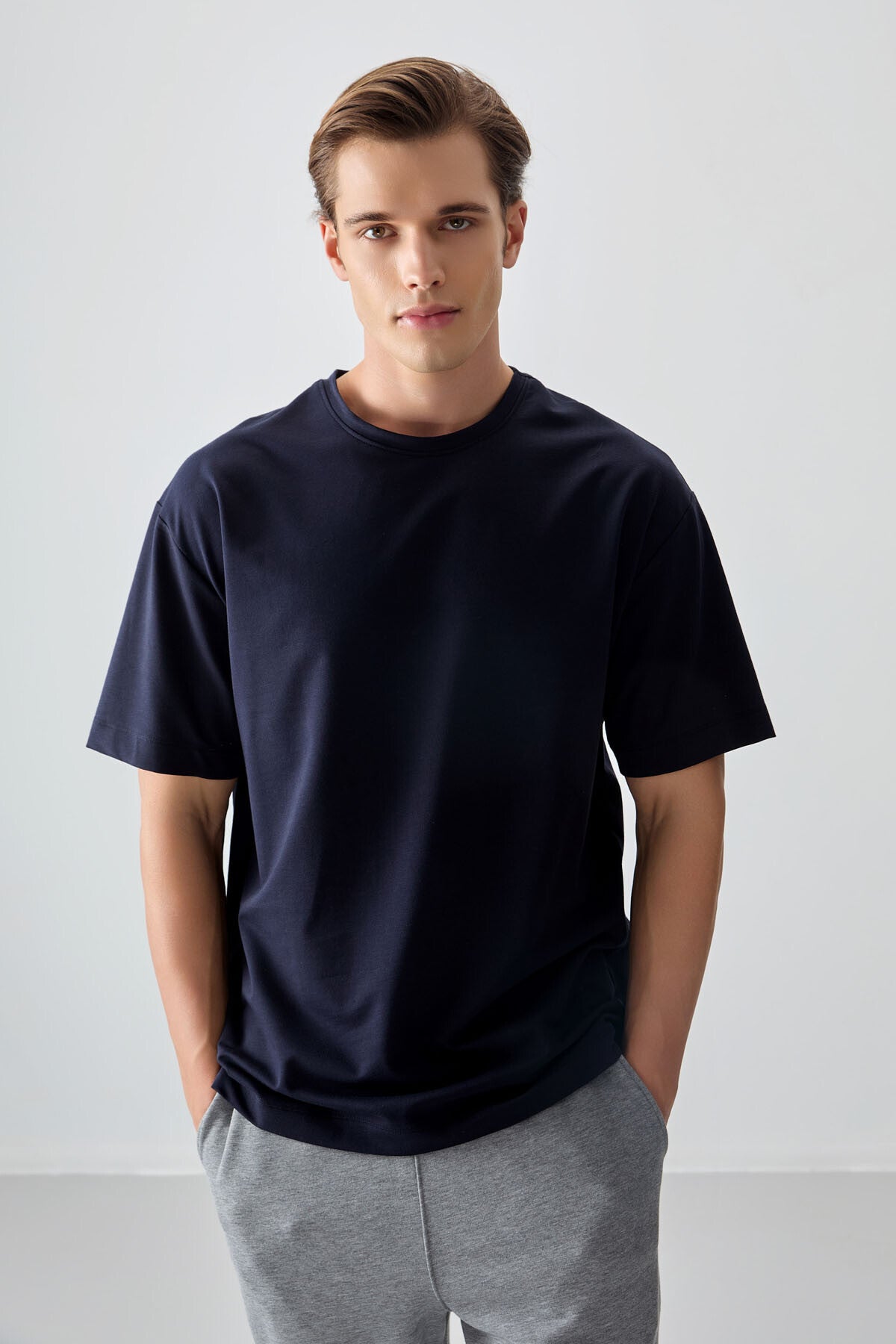 Navy Blue Cotton Thick Soft Textured Oversize Fit Basic Men's T-Shirt - 88377