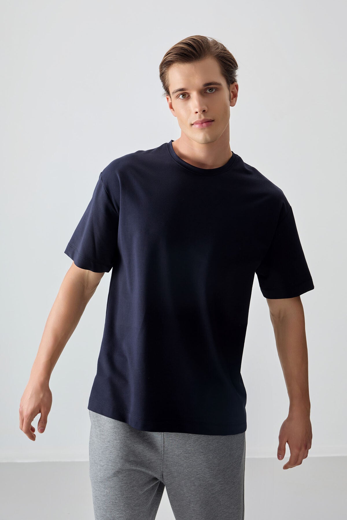 Navy Blue Cotton Thick Soft Textured Oversize Fit Basic Men's T-Shirt - 88377