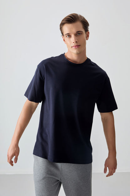 Navy Blue Cotton Thick Soft Textured Oversize Fit Basic Men's T-Shirt - 88377