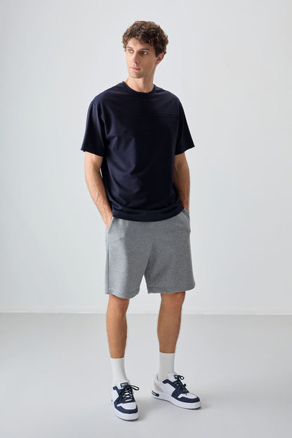 Navy Blue Cotton Thick Soft Textured Oversize Fit Basic Men's T-Shirt - 88378