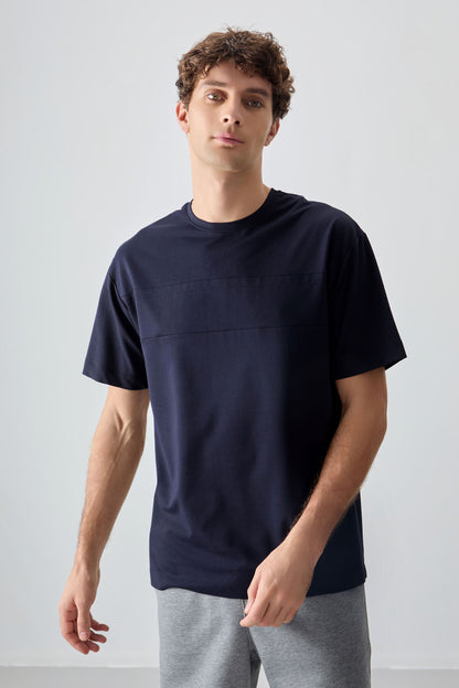 Navy Blue Cotton Thick Soft Textured Oversize Fit Basic Men's T-Shirt - 88378