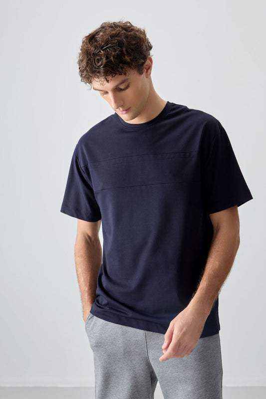 Navy Blue Cotton Thick Soft Textured Oversize Fit Basic Men's T-Shirt - 88378