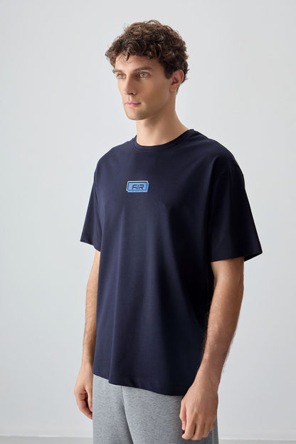 Navy Blue Cotton Thick Soft Textured Oversize Fit Printed Men's T-Shirt - 88376