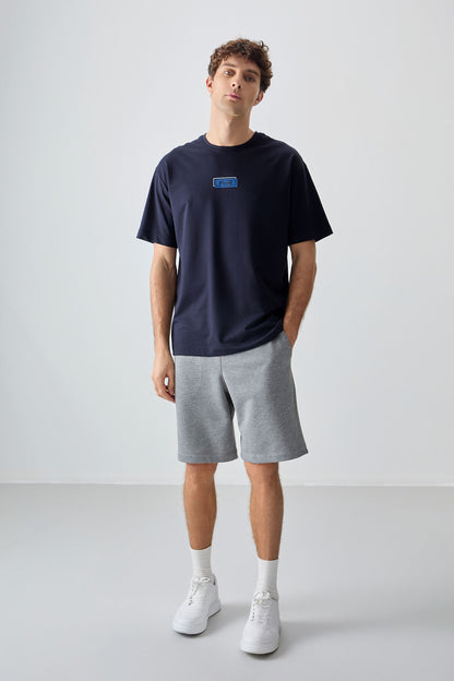 Navy Blue Cotton Thick Soft Textured Oversize Fit Printed Men's T-Shirt - 88376