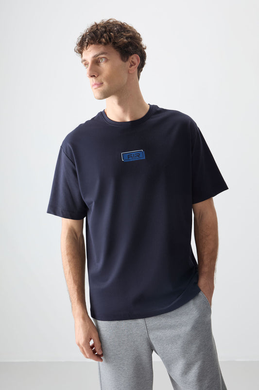 Navy Blue Cotton Thick Soft Textured Oversize Fit Printed Men's T-Shirt - 88376