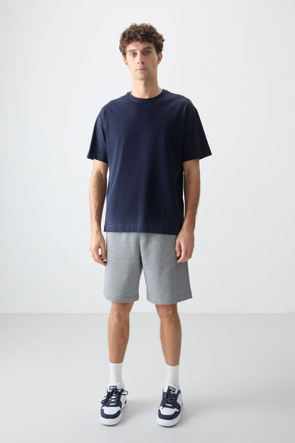 Navy Blue 100% Cotton Thick Soft Textured Oversize Fit Basic Men's T-Shirt - 88353