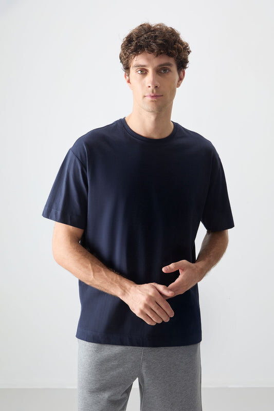 Navy Blue 100% Cotton Thick Soft Textured Oversize Fit Basic Men's T-Shirt - 88353