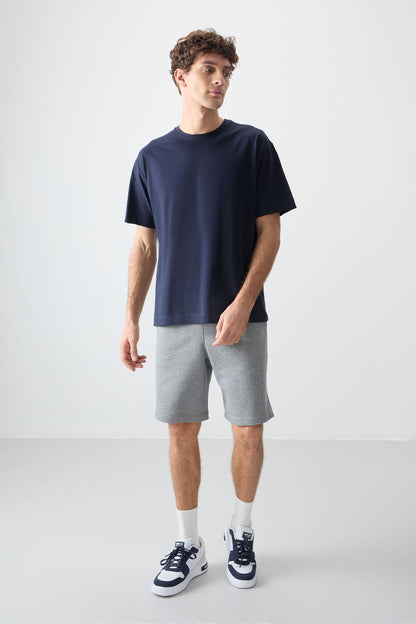 Navy Blue 100% Cotton Thick Soft Textured Oversize Fit Basic Men's T-Shirt - 88353