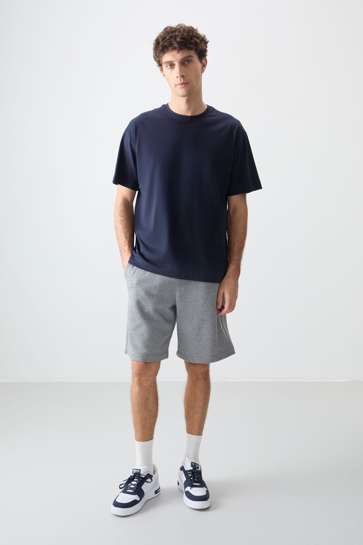 Navy Blue 100% Cotton Thick Soft Textured Oversize Fit Basic Men's T-Shirt - 88353