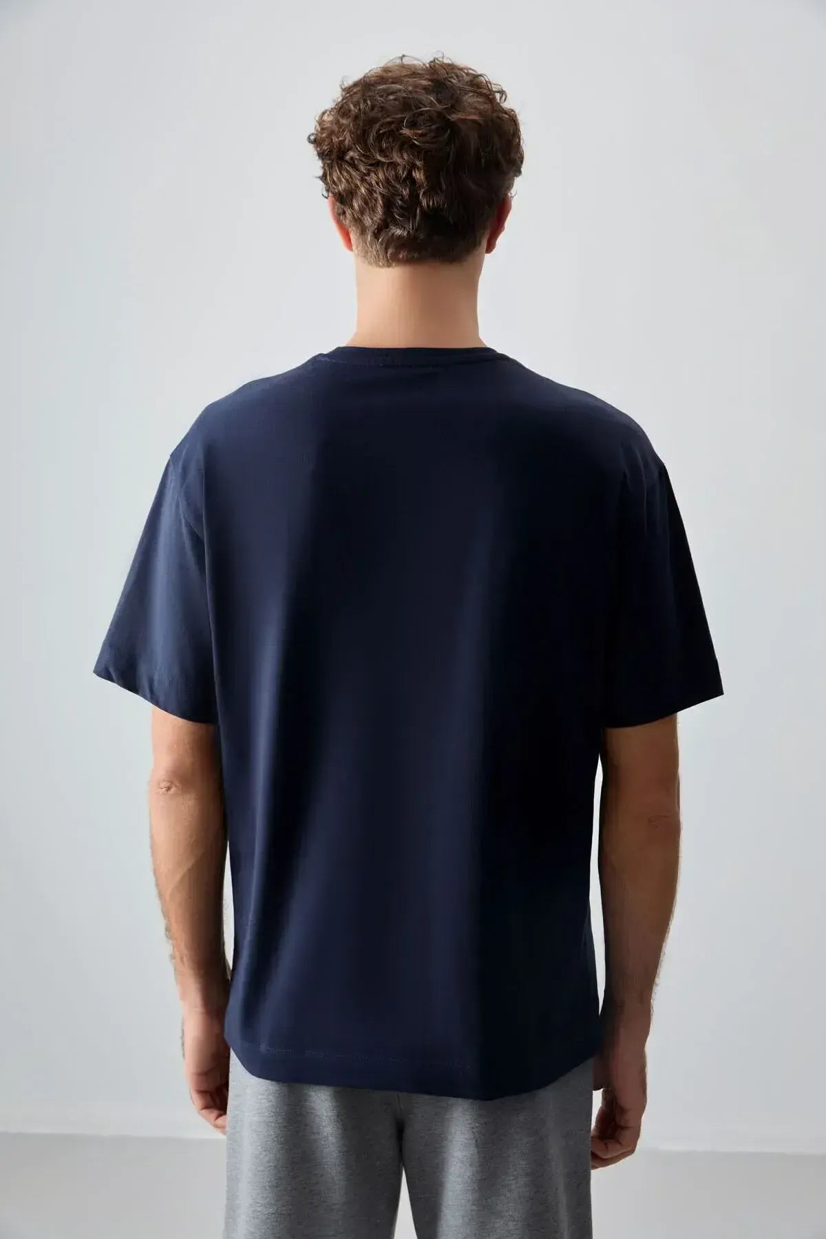 Navy Blue 100% Cotton Thick Soft Textured Oversize Fit Basic Men's T-Shirt - 88353