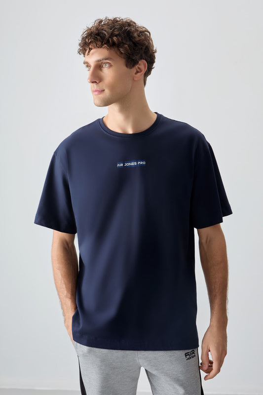 Navy Blue 100% Cotton Thick Soft Textured Oversize Fit Printed Men's T-Shirt - 88354