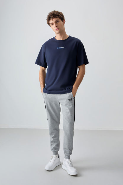 Navy Blue 100% Cotton Thick Soft Textured Oversize Fit Printed Men's T-Shirt - 88354