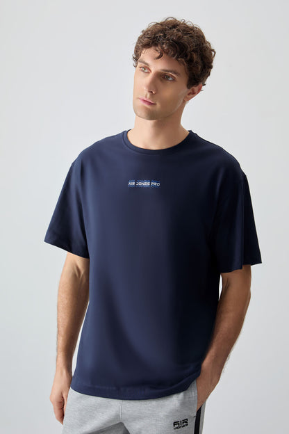 Navy Blue 100% Cotton Thick Soft Textured Oversize Fit Printed Men's T-Shirt - 88354
