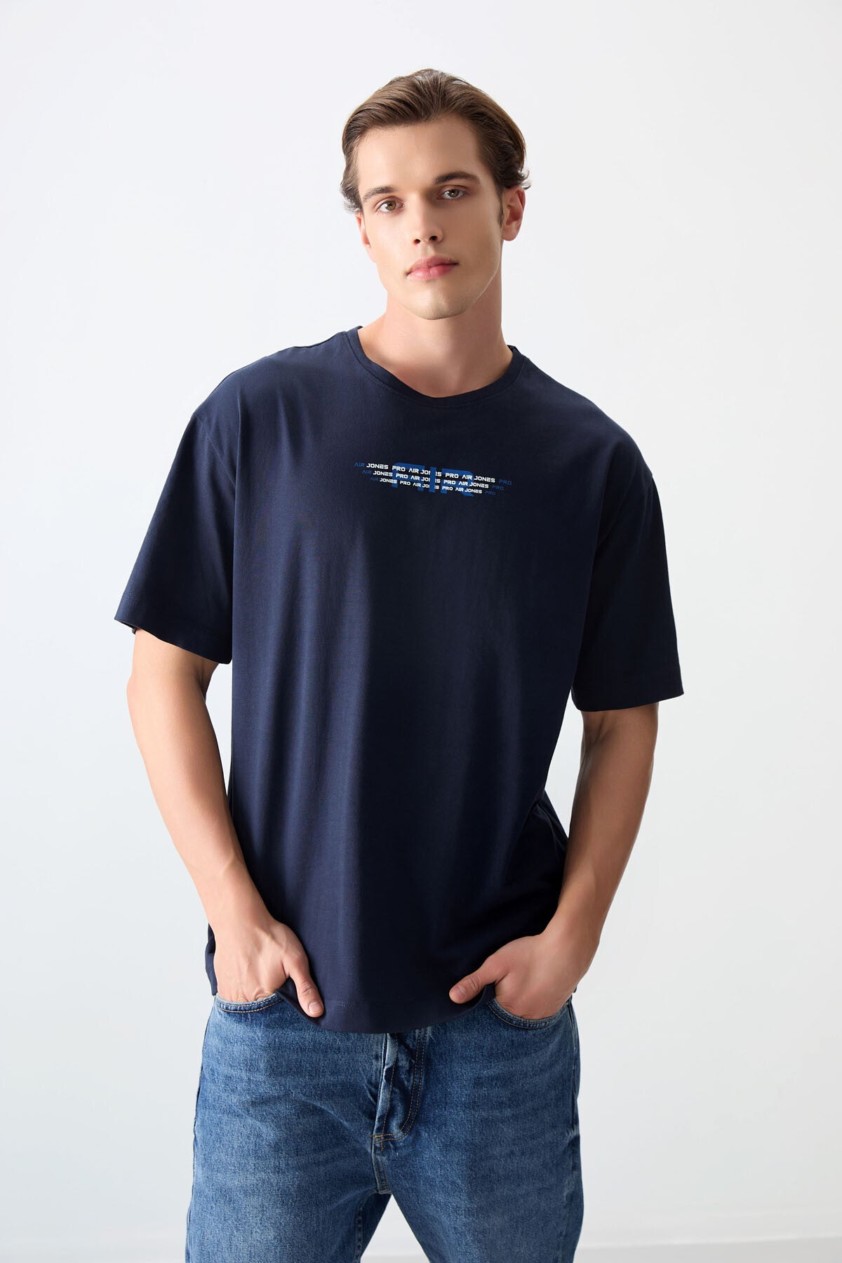 Navy Blue 100% Cotton Thick Soft Textured Oversize Fit Printed Men's T-Shirt - 88356