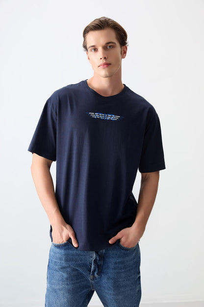 Navy Blue 100% Cotton Thick Soft Textured Oversize Fit Printed Men's T-Shirt - 88356