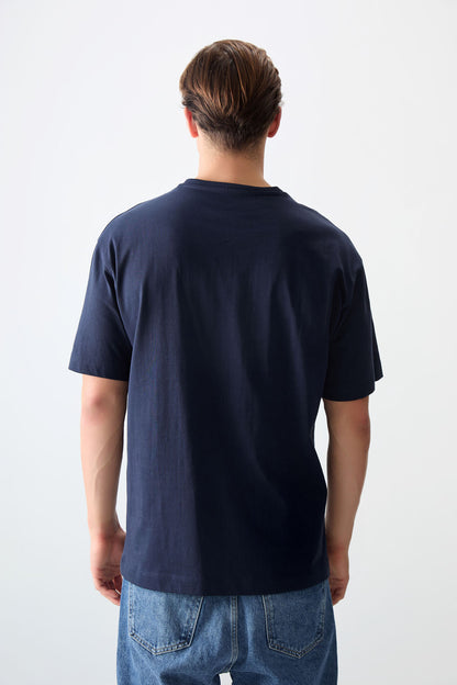 Navy Blue 100% Cotton Thick Soft Textured Oversize Fit Printed Men's T-Shirt - 88356