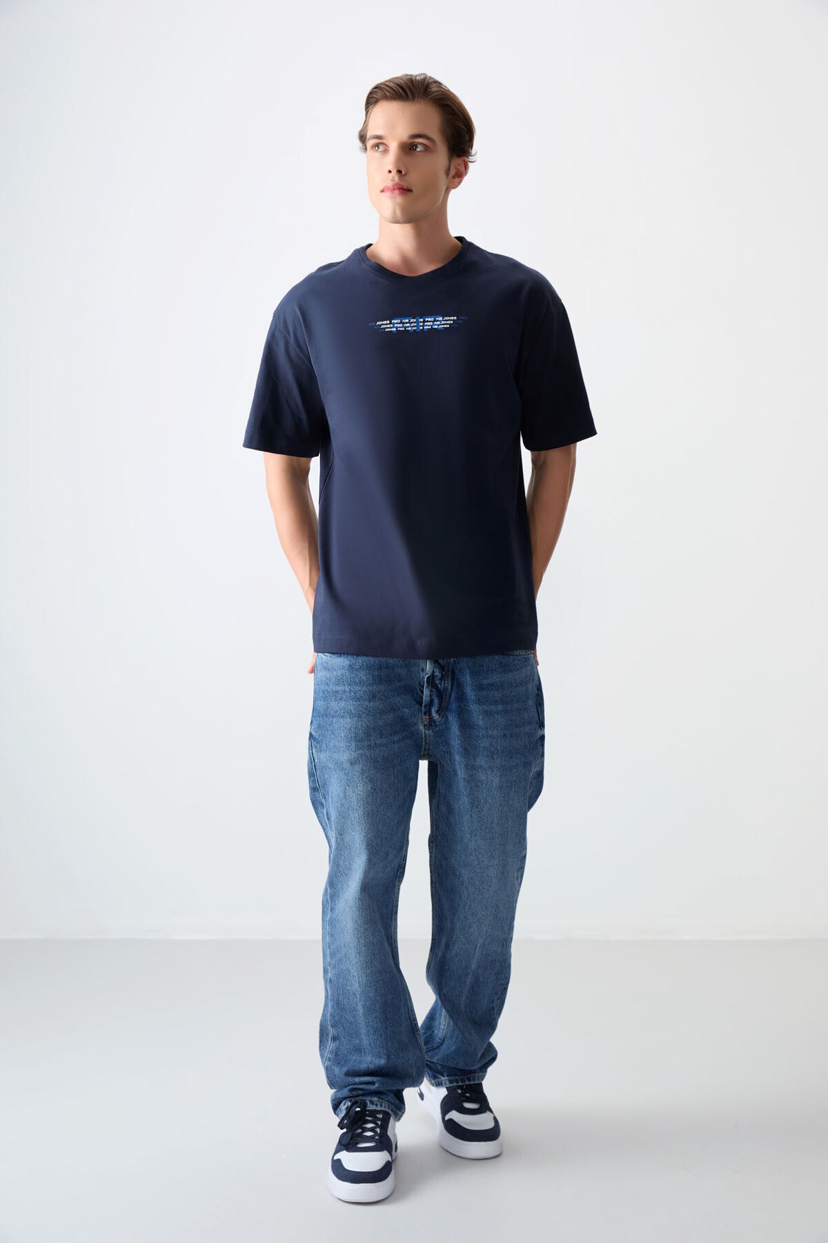 Navy Blue 100% Cotton Thick Soft Textured Oversize Fit Printed Men's T-Shirt - 88356